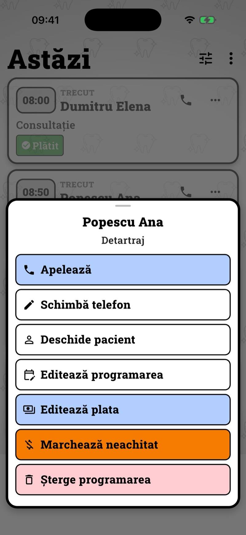Meniul rapid al unei programări pe ecranul Astăzi