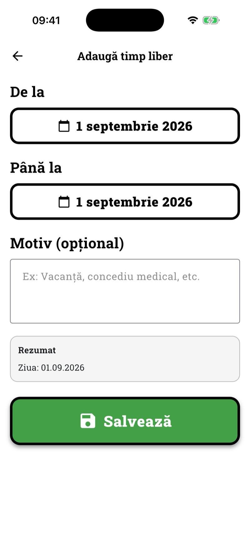 Formularul de adăugare a unui interval de timp liber
