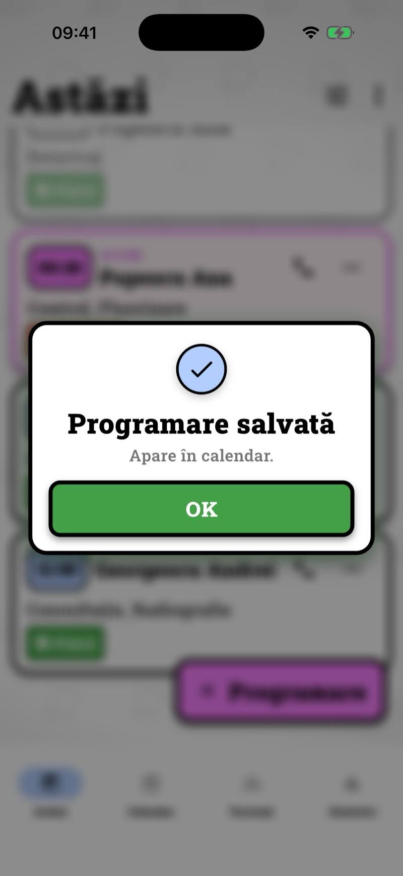 Confirmarea că programarea s-a salvat